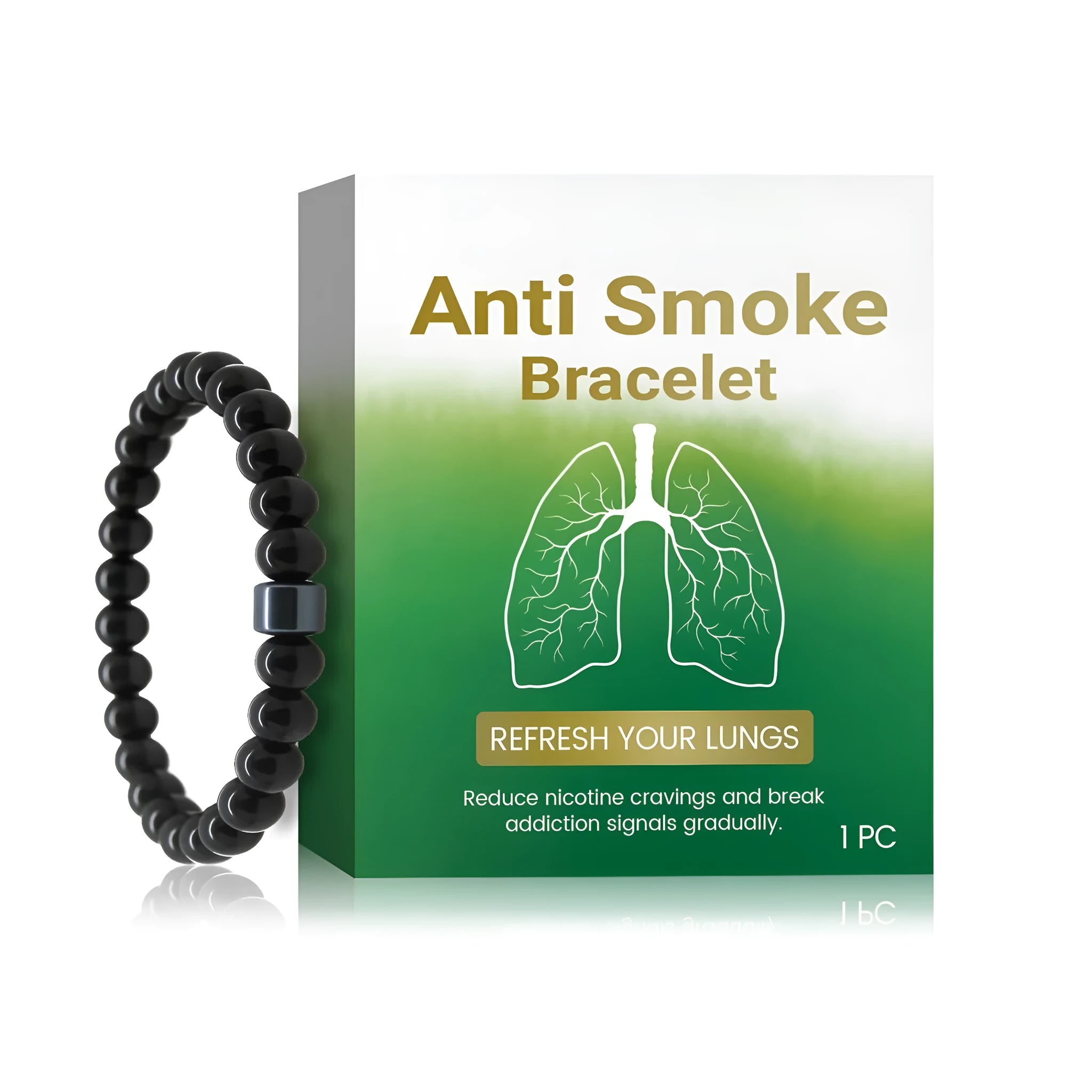Men's glass and black gallstone smoke prevention bracelet showing transparent and natural stone materials