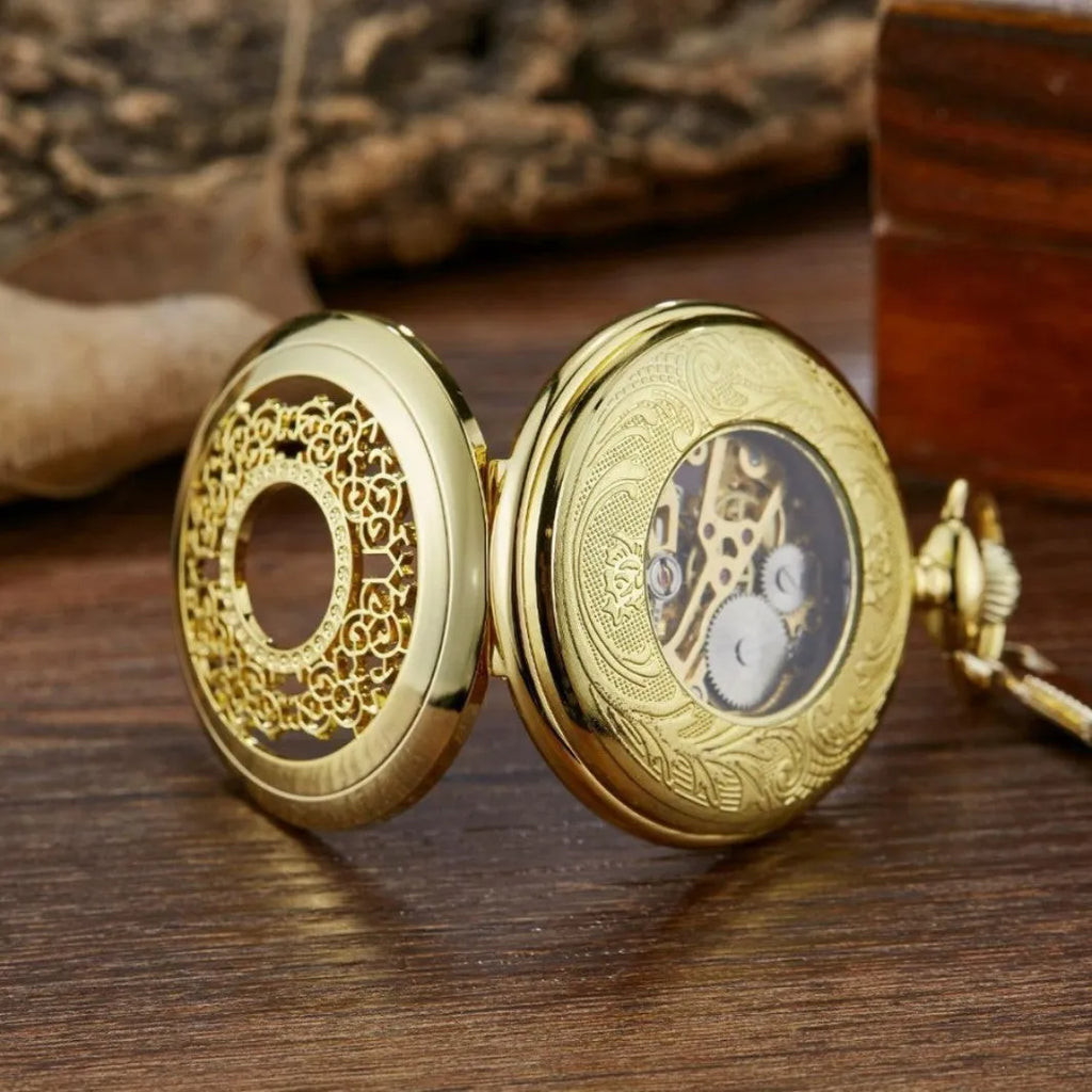Retro hollow case automatic pocket watch with large floral dial on thick alloy strap