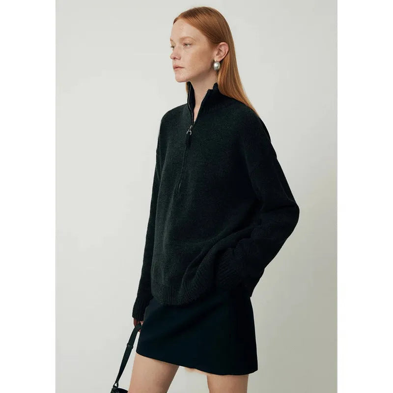Women's wool bandage top with loose lapels in black or mountain rain grey, long sleeve pullover