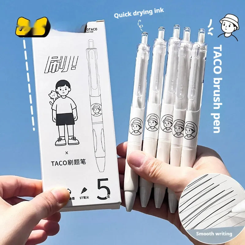 Five black ballpoint pens with white brush pattern and 0.5mm tips