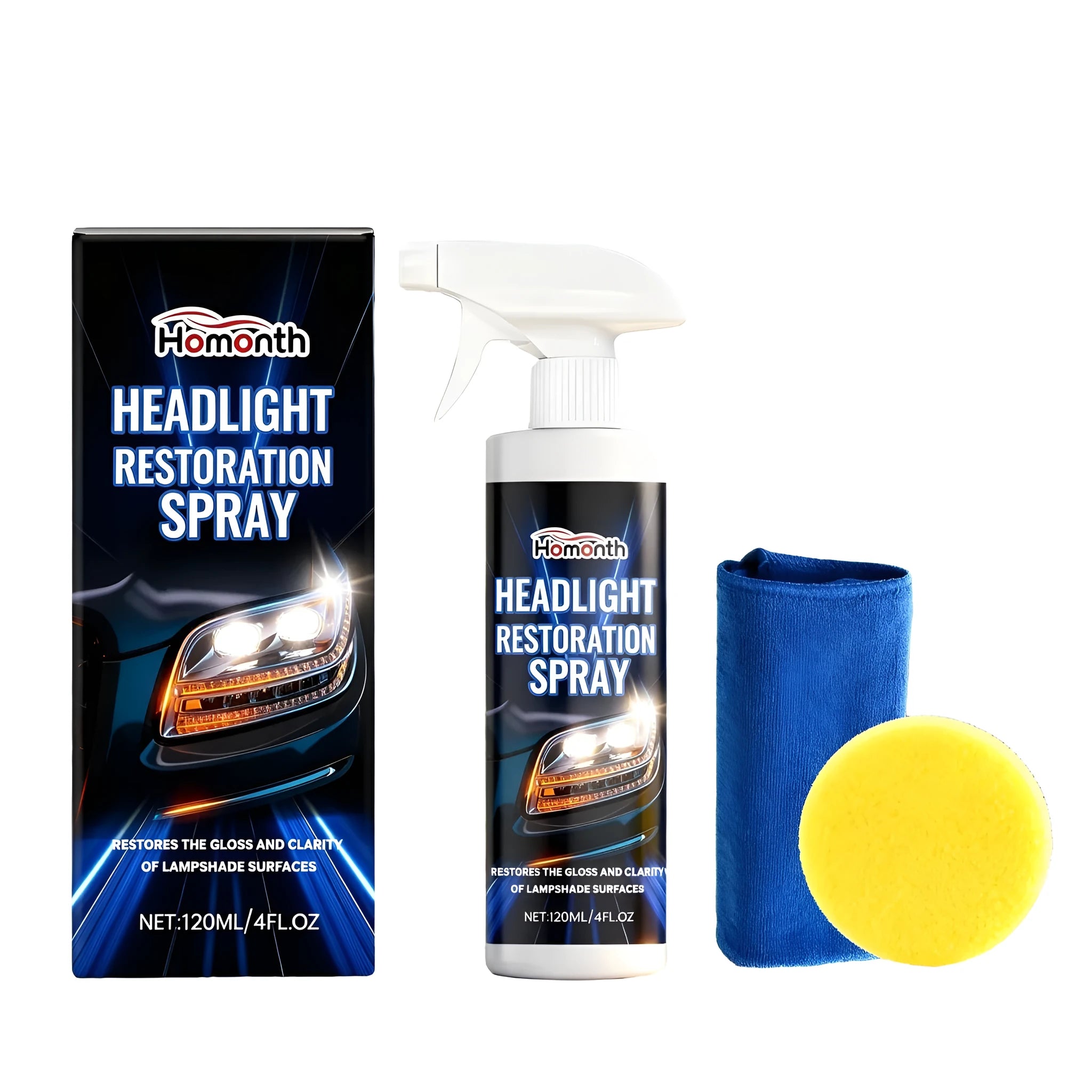 120ml headlight restoration spray bottle with PTFE formula, sponge and microfibre towel for car plastic lens cleaning