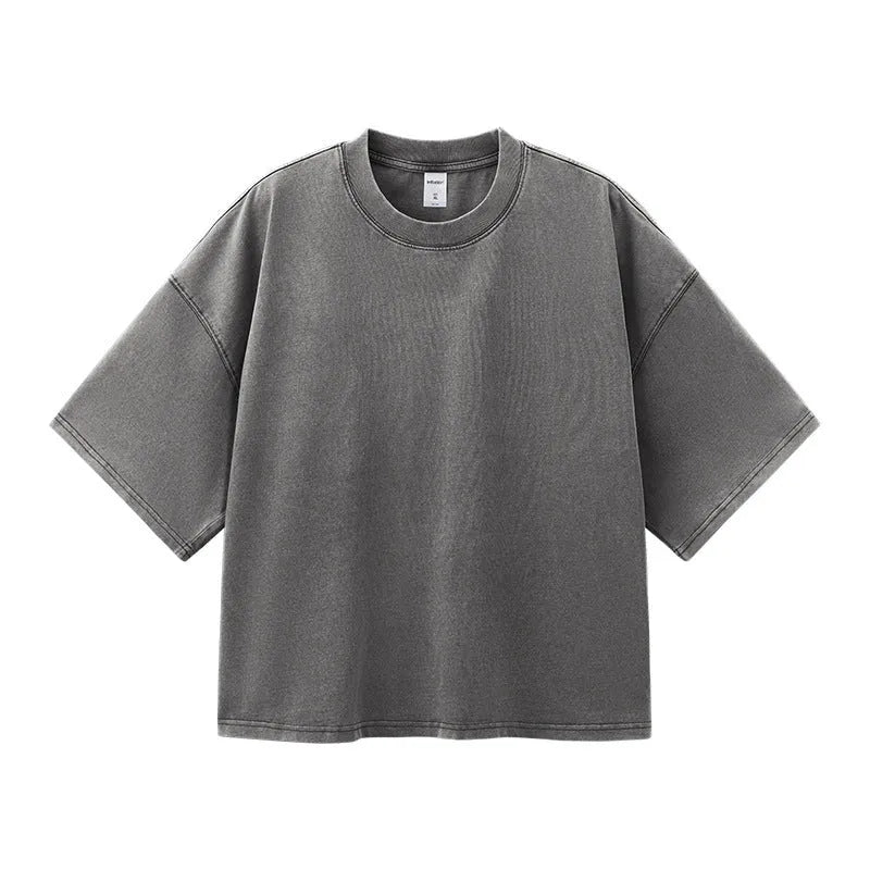 Men's vintage washed-out cotton T-shirt in khaki light colour with loose fit and drop-shoulder sleeves