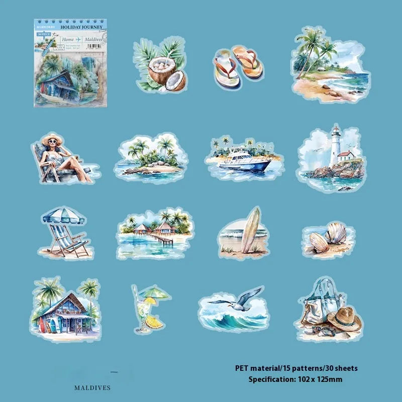 Holiday Journey Series retro architecture journal stickers showing designs of Big Ben, Arc de Triomphe, and other landmarks.