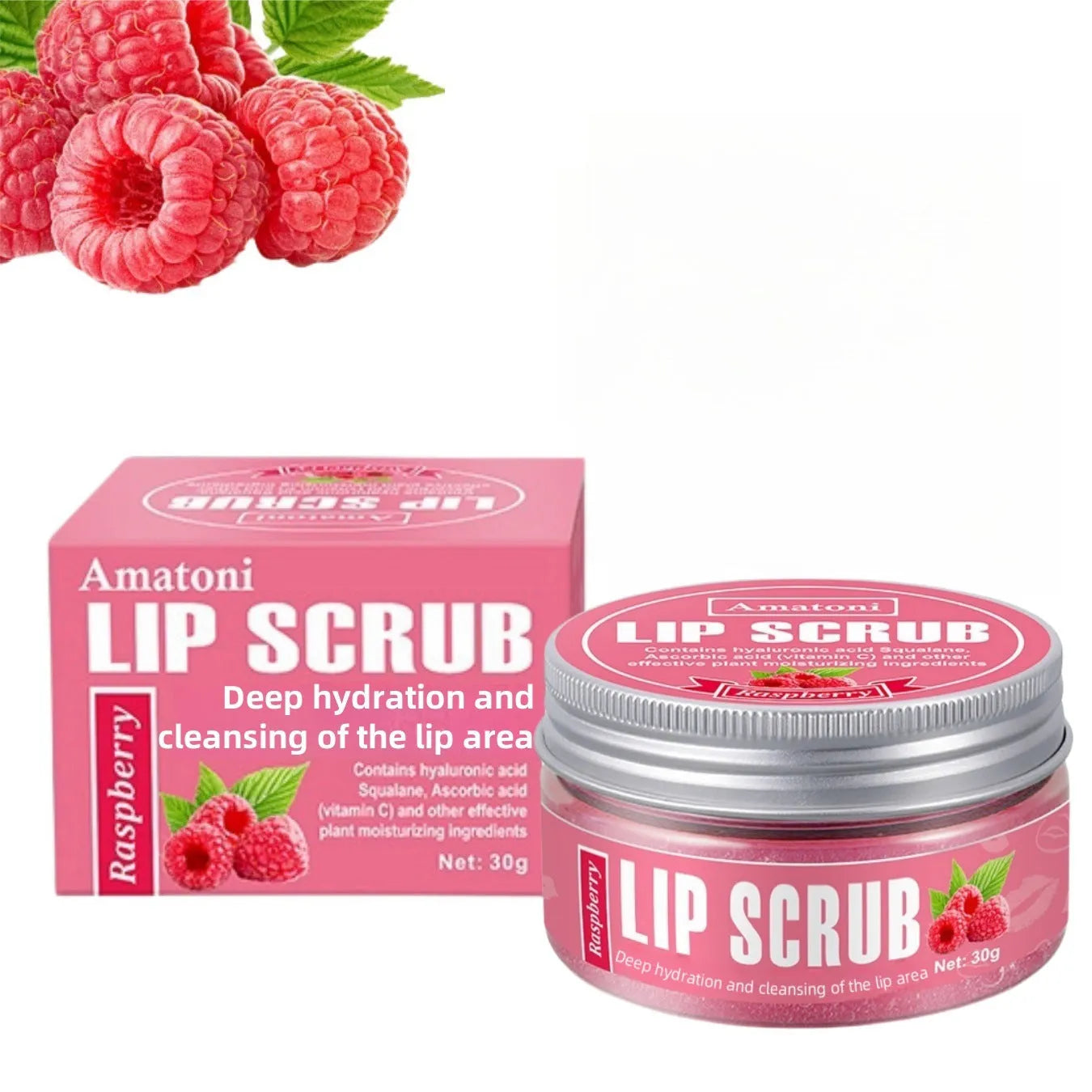Amatoni Lip Scrub Cream 30g pot in coconut raspberry vanilla watermelon flavours