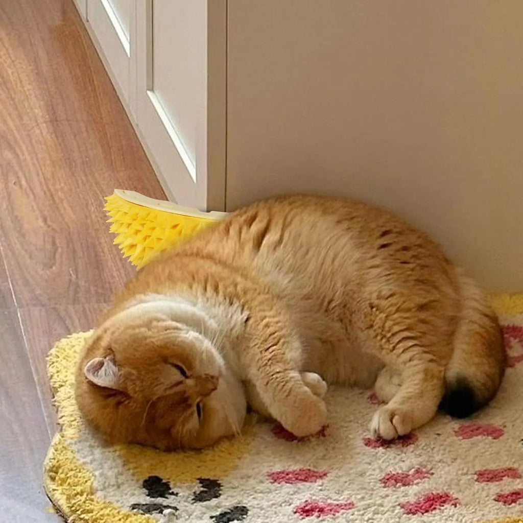 Yellow durian-shaped cat corner scratcher with massage comb texture mounted on a wall.