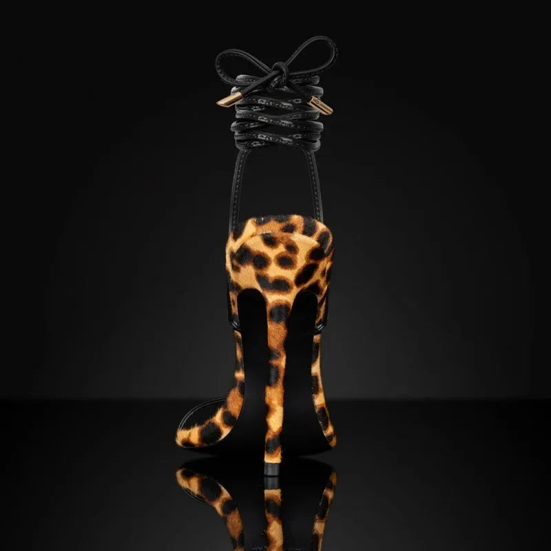 Women's leopard print Roman sandals with pointed toe and buckle ankle strap