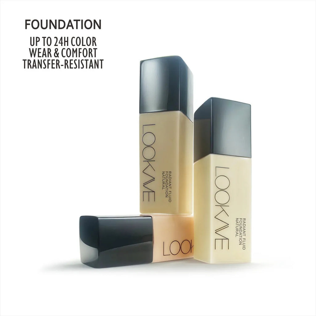 LOOKAVE matte liquid foundation bottle showing Ivory White shade, 21g waterproof formula with brightening effect.