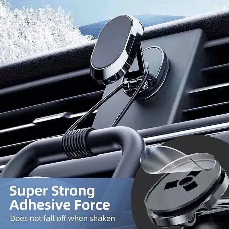Chrome folding magnetic car phone holder shown extended and collapsed on a car dashboard.