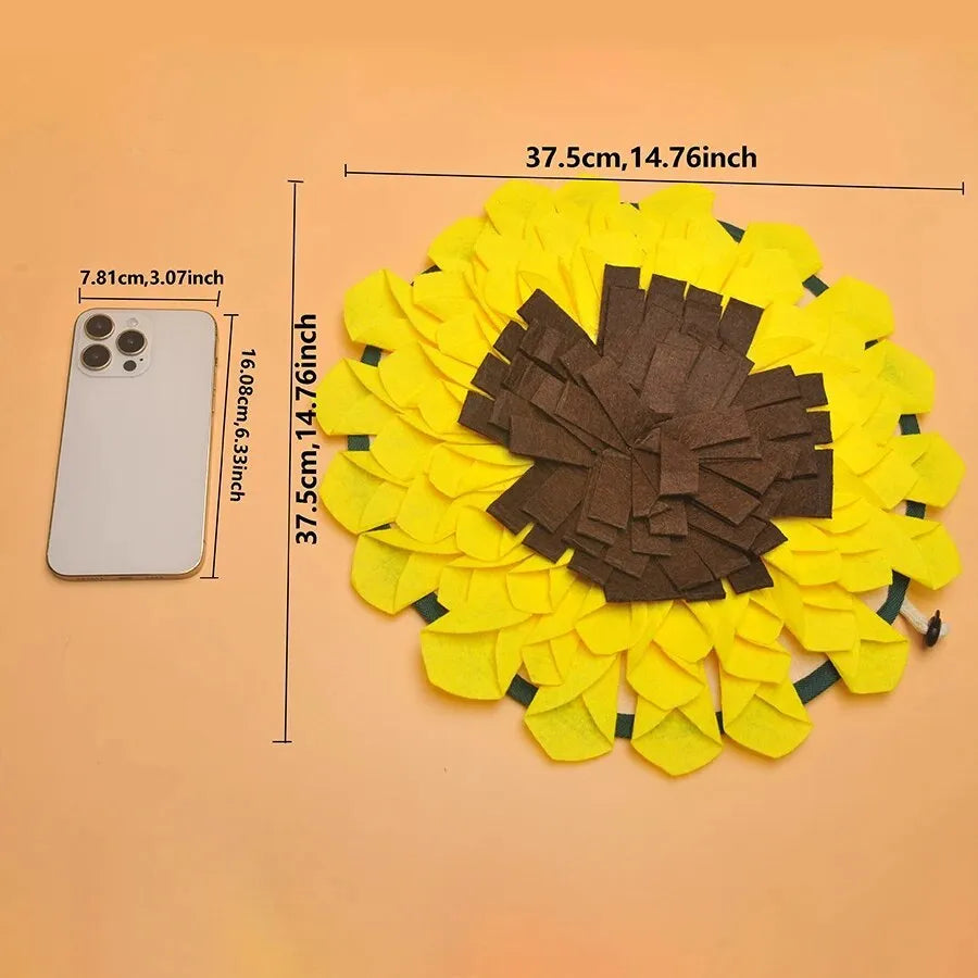 Yellow sunflower shaped dog snuffle mat with fleece petals for treat hiding games