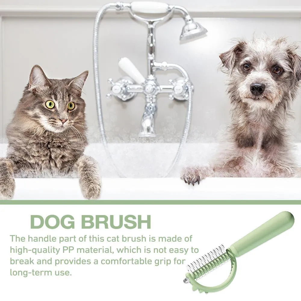 Blue dinosaur-shaped cat brush with self-cleaning button and stainless steel pins