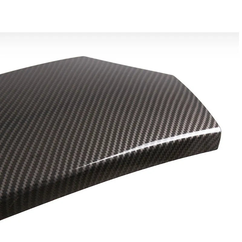 Three-piece black ABS armrest box protective cover set with shiny carbon fibre diagonal weave pattern