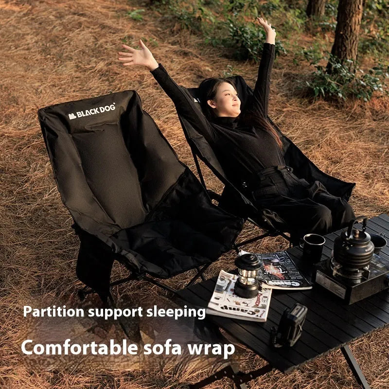 Night black Oxford cloth folding moon chair in camping and beach setting
