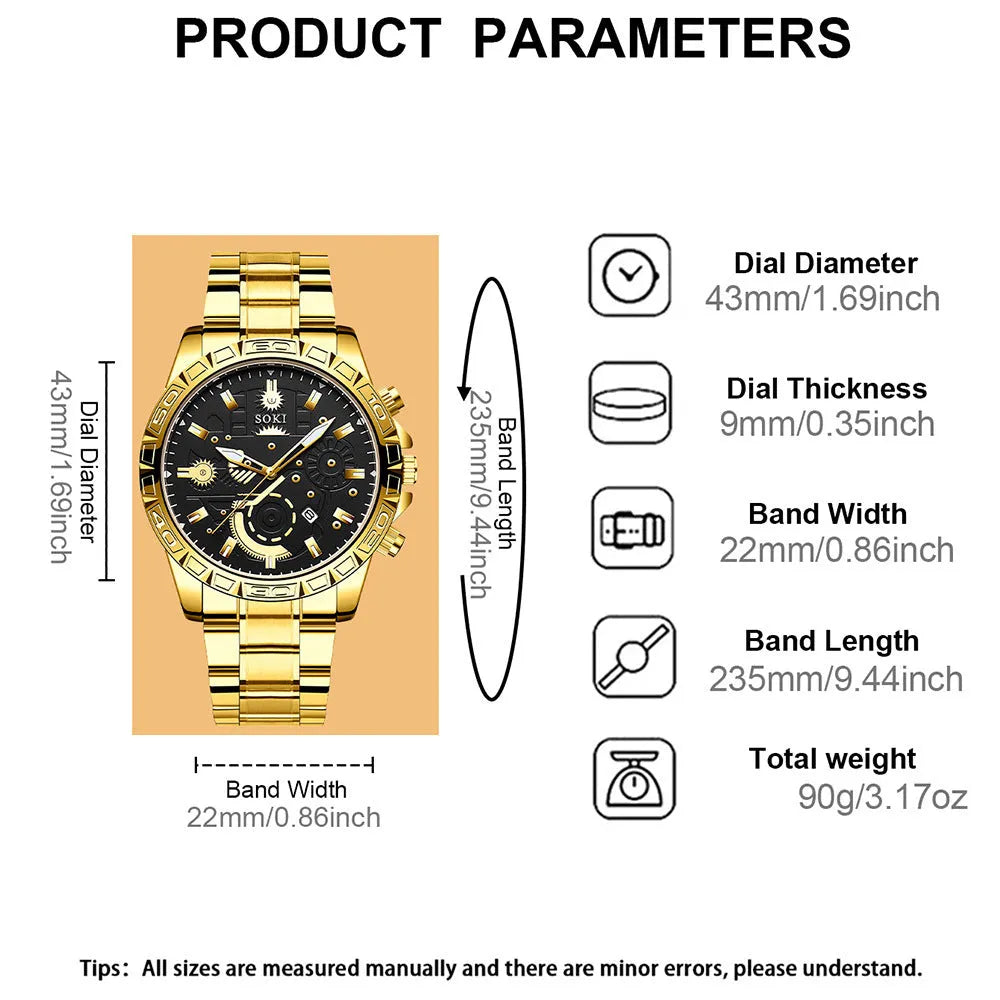 Men's gold quartz wristwatch with stainless steel band and 10mm thickness