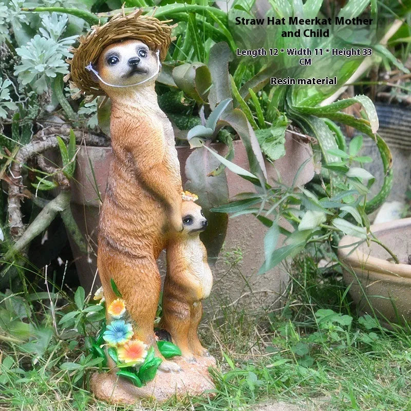 Yellow brown straw hat mongoose resin ornament with rake or shovel for garden decoration