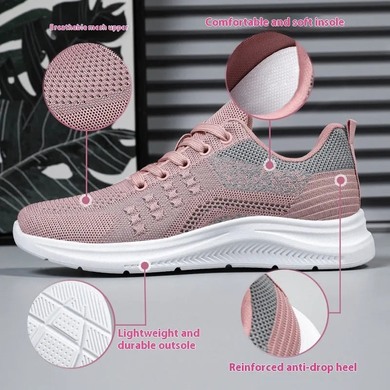 Women's low-top mesh sneakers with lace-up front and soft PVC sole in black, grey, or pink