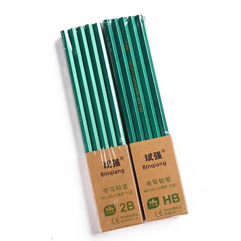 Box of 10 green hexagonal wooden pencils with HB and 2B graphite grades for drawing and writing.