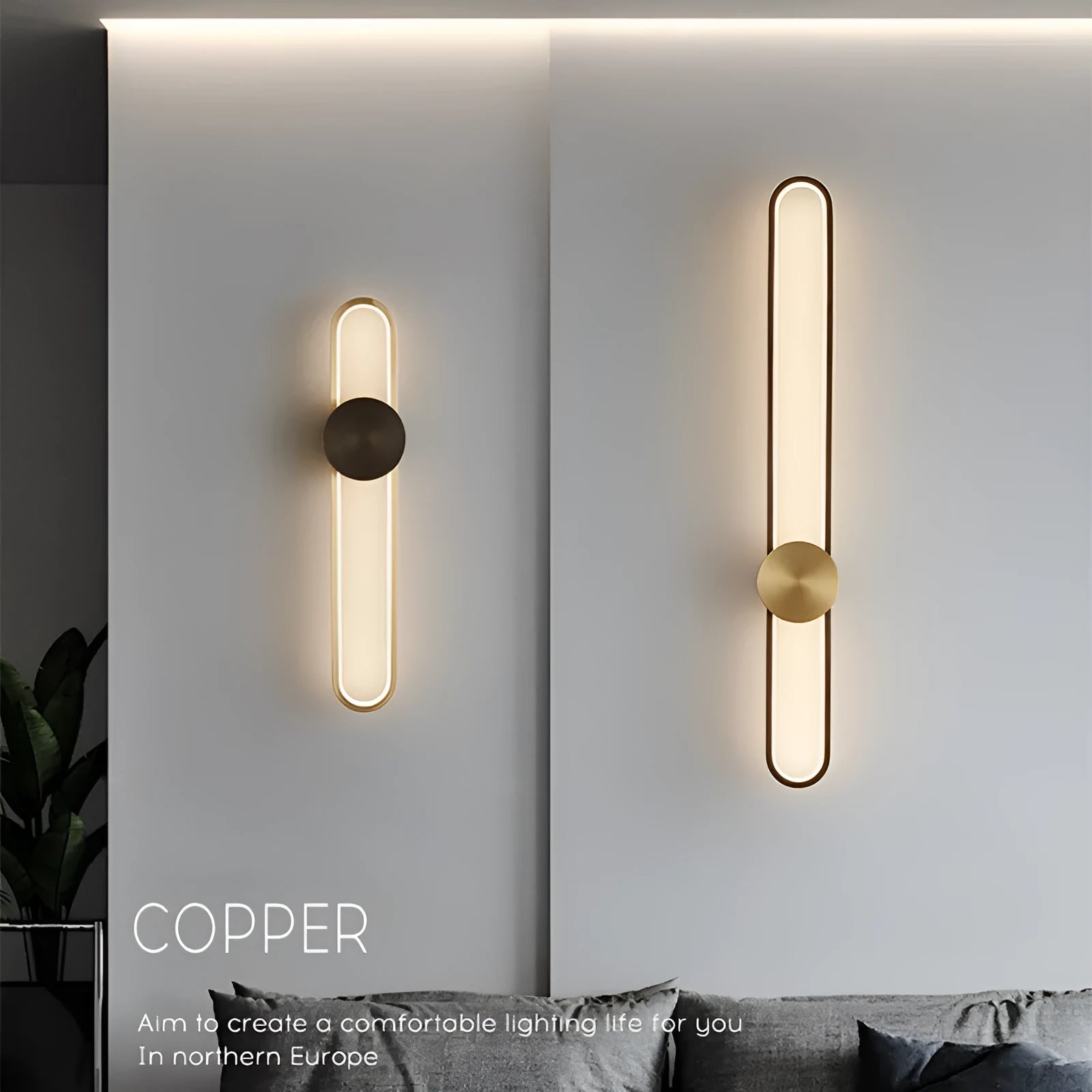 Round 60cm modern wall lamp with iron shade in black or gold frame finish.