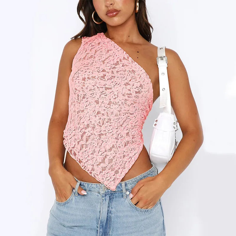 Women's apricot sleeveless vest top with lace back panel and asymmetrical neckline on a hanger.