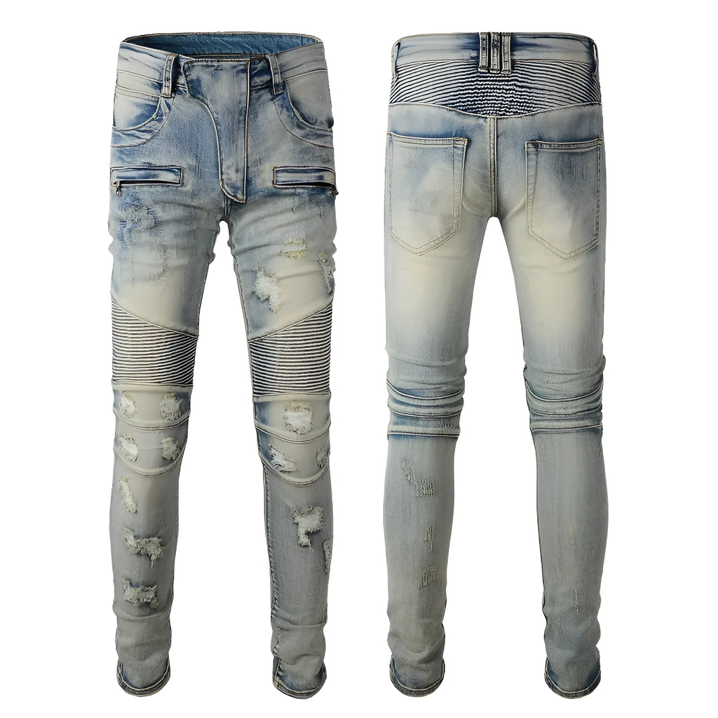 Light blue men's slim fit distressed jeans with hand-frayed details and a light straight leg cut.
