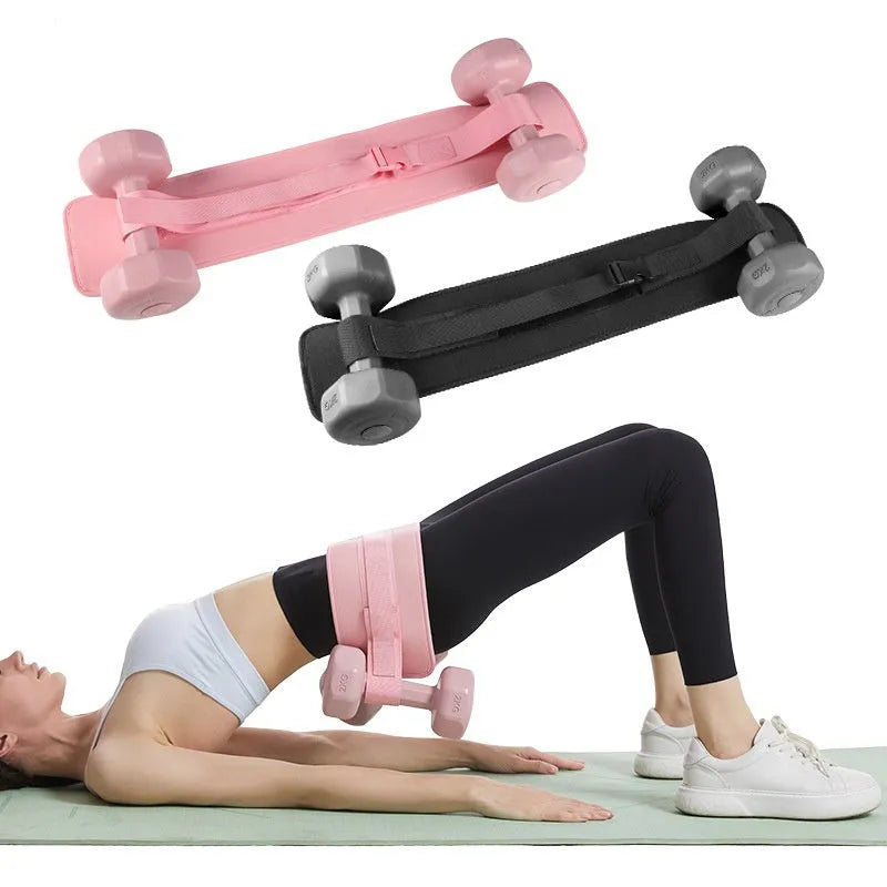 Black hip bridge auxiliary strap for dumbbell and barbell fitness training with lumbar support