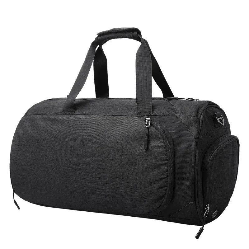 Light grey oval travel bag with multiple internal compartments open, showing camera insert and document pockets.