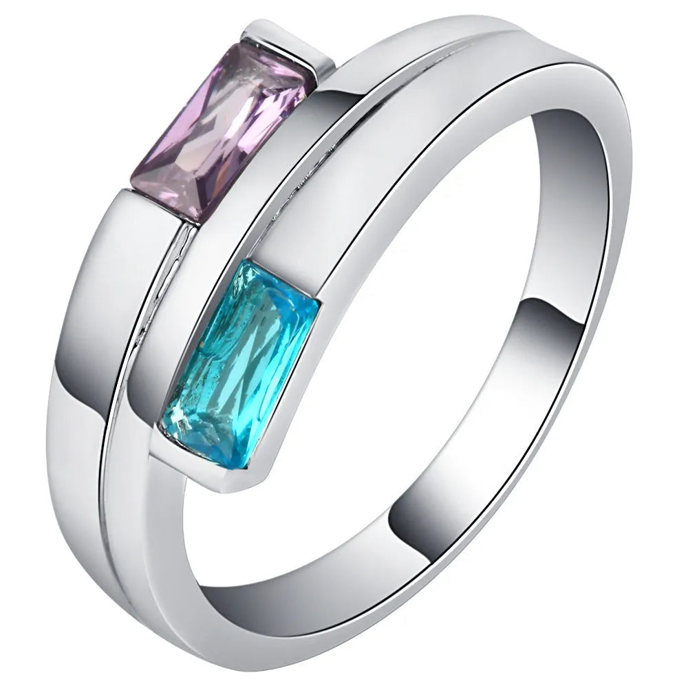 Copper zircon ring with electroplated silver finish showing European and American styling