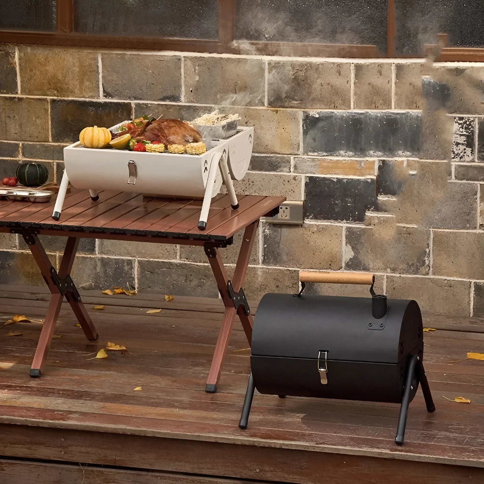 White round chimney portable barbecue cooker with detachable carbon tanks and folding design