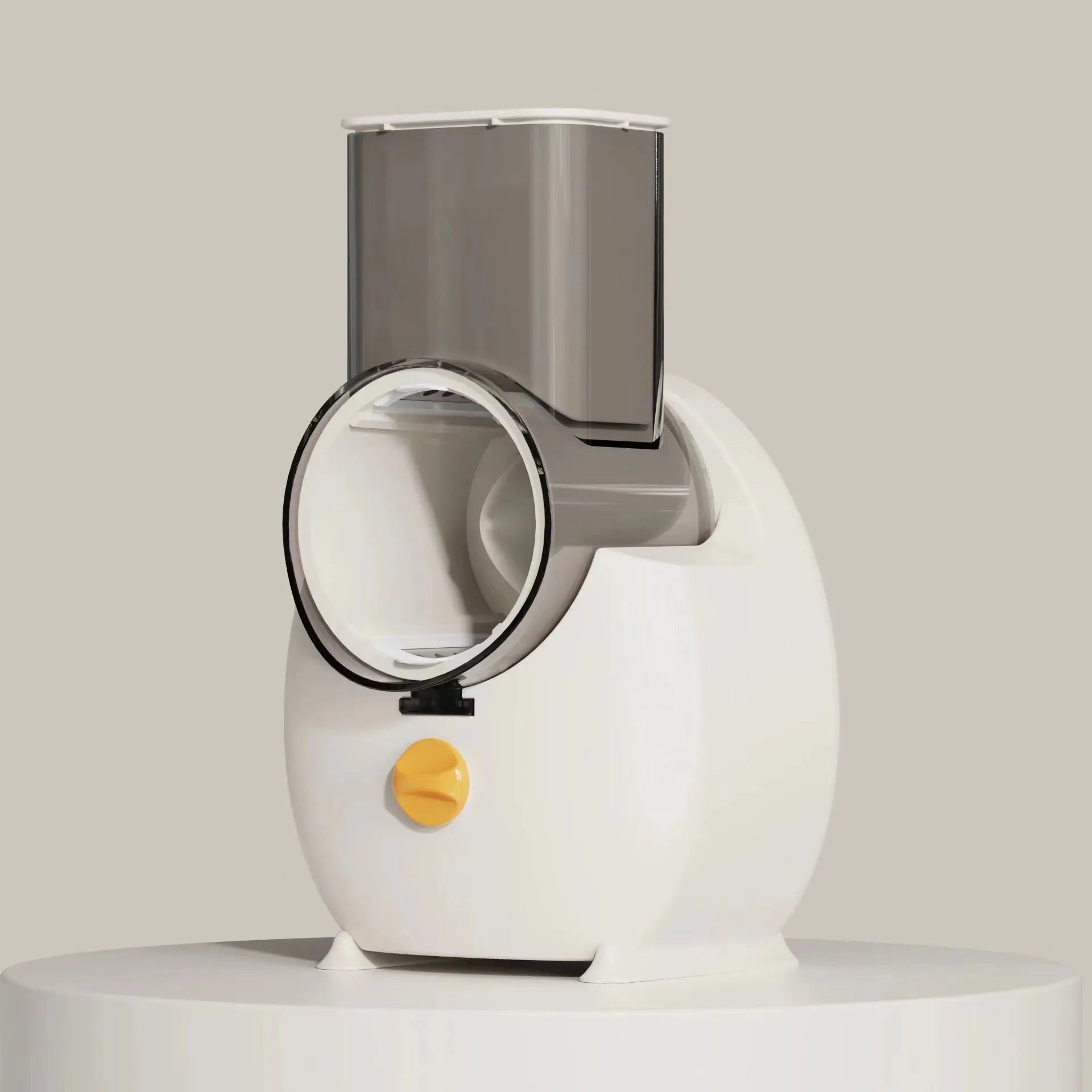 White electric vegetable slicer with rotary grater system and suction base on kitchen counter