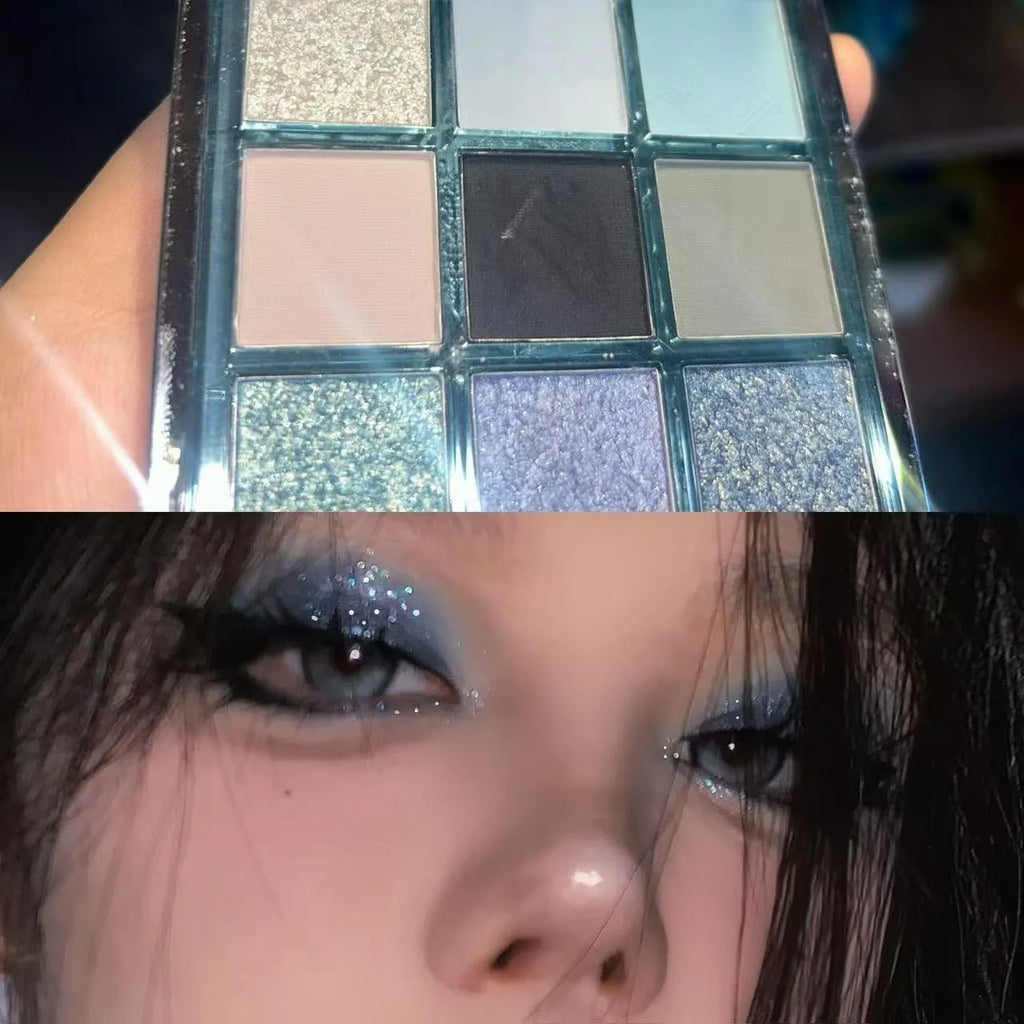 MUGELEEN nine-colour eye shadow palette showing blue smoked earth tones with matte and shimmer textures