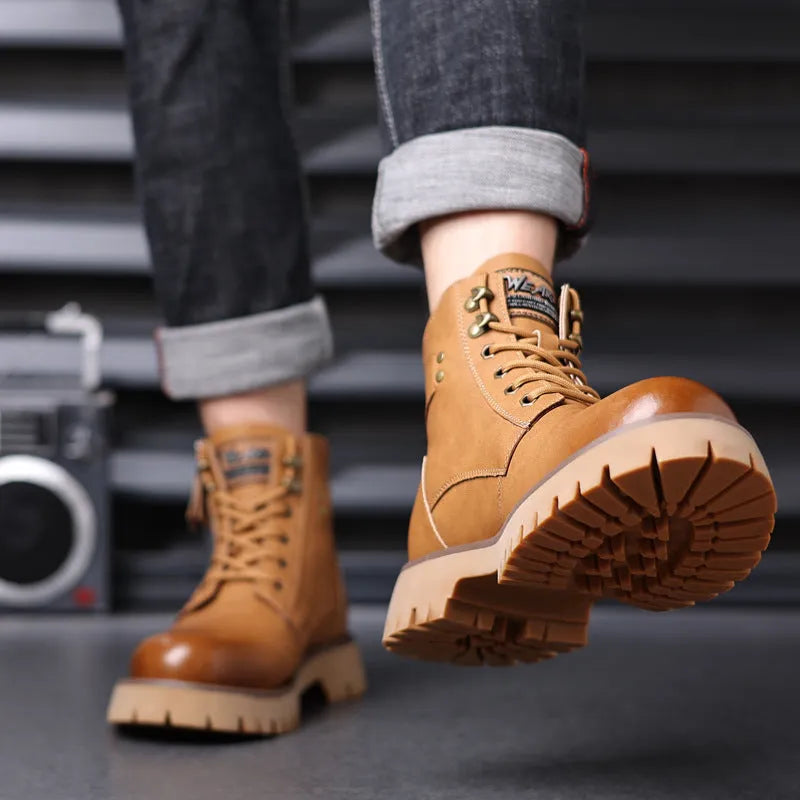 Men's brown high-top leather Martin boots with a side zipper and round toe on a non-slip rubber sole.
