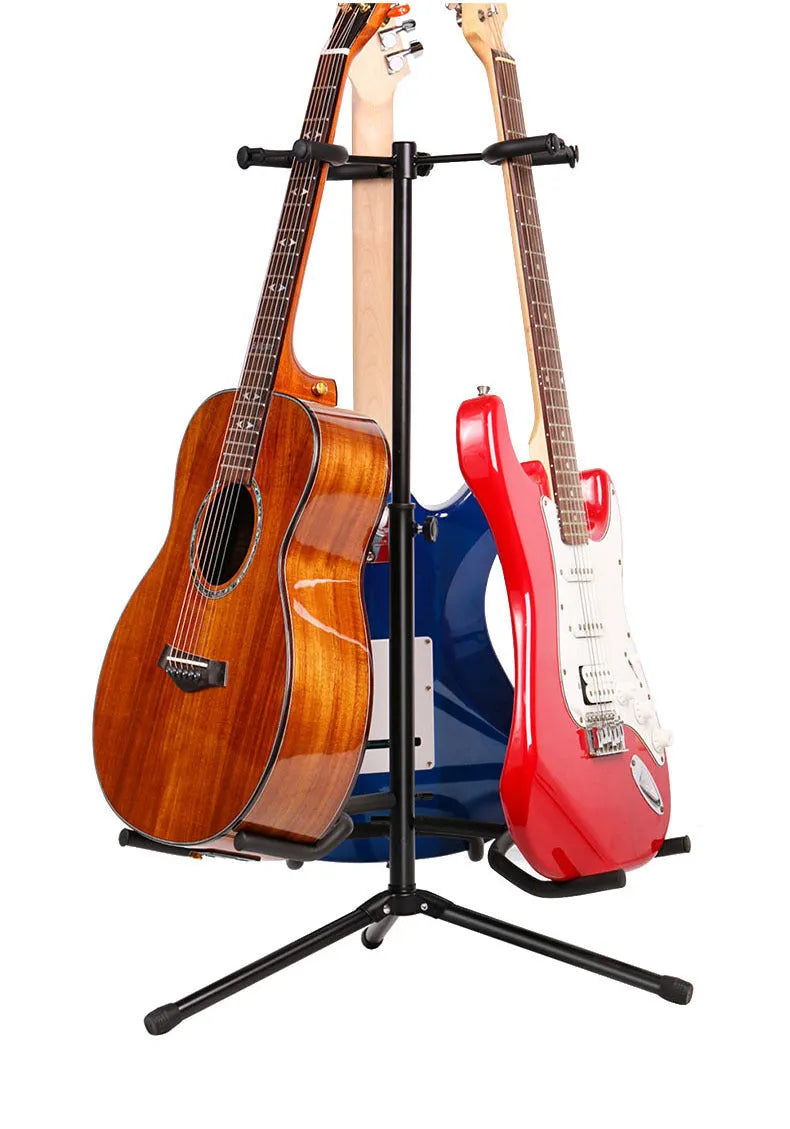 Black iron double-headed adjustable guitar stand holding two guitars vertically