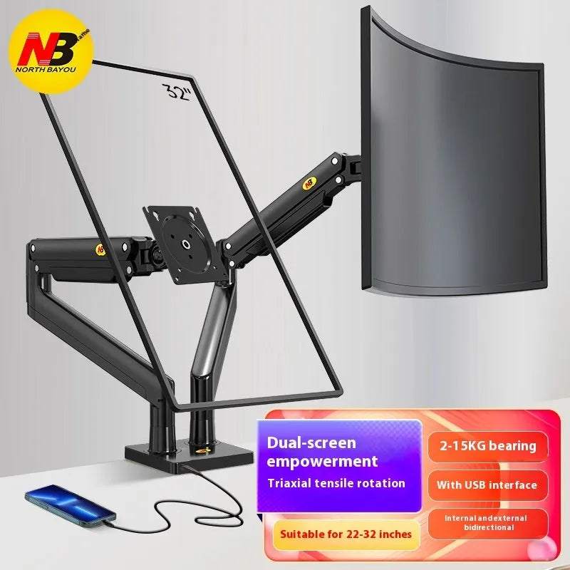 Dual monitor desk mount bracket in black or white with height adjustment mechanism
