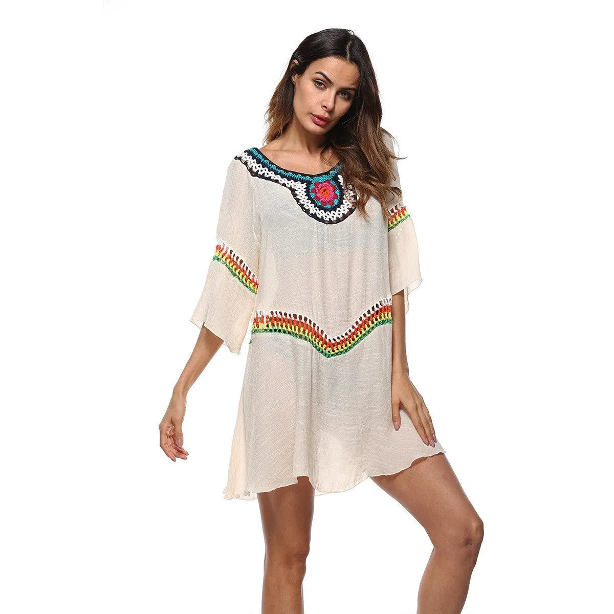 Woman's ethnic crochet beach cover-up top in apricot colour, free size, for sun protection.