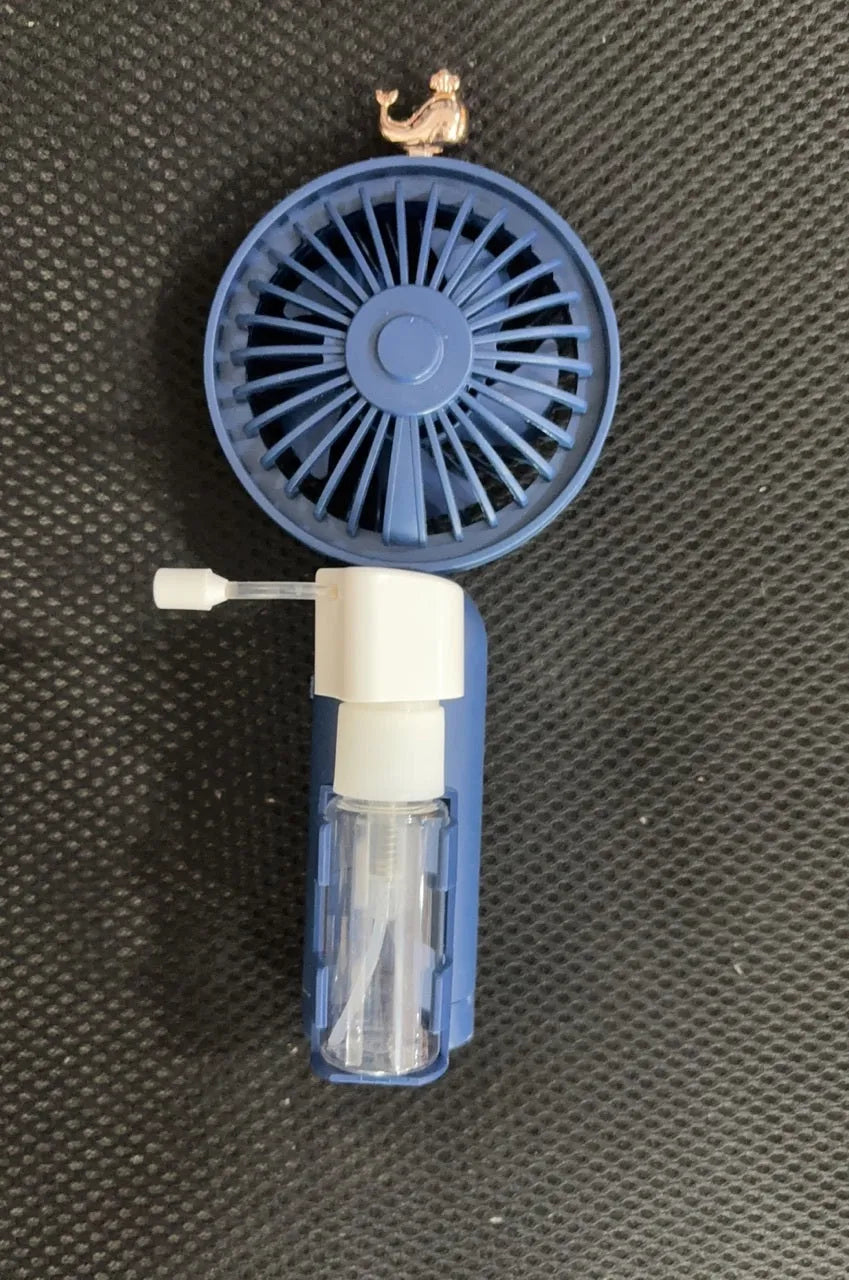 USB rechargeable handheld plastic nozzle fan in apricot, blue, green, orange, and pink colours.