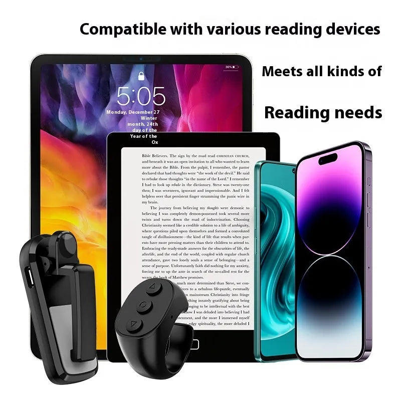 Wireless page turner remote control with clicker for e-readers and tablets in black, white, or pink.