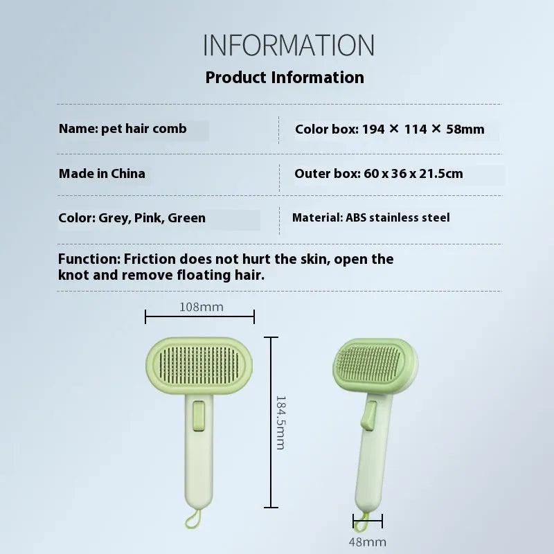 Large pet hair removal comb with stainless steel teeth and one-click button in light green pink or grey