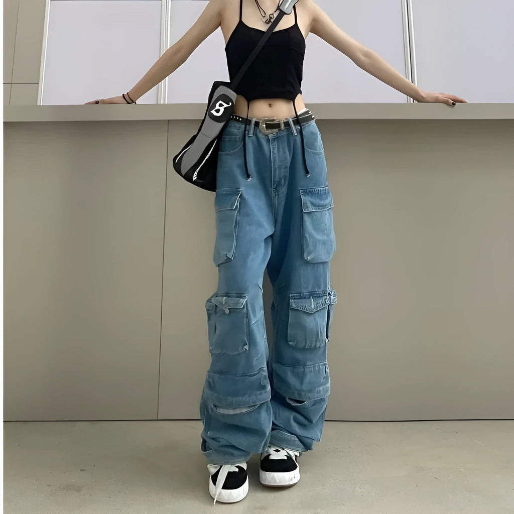 Women's high waist wide leg denim trousers with multiple pockets in street hipster style