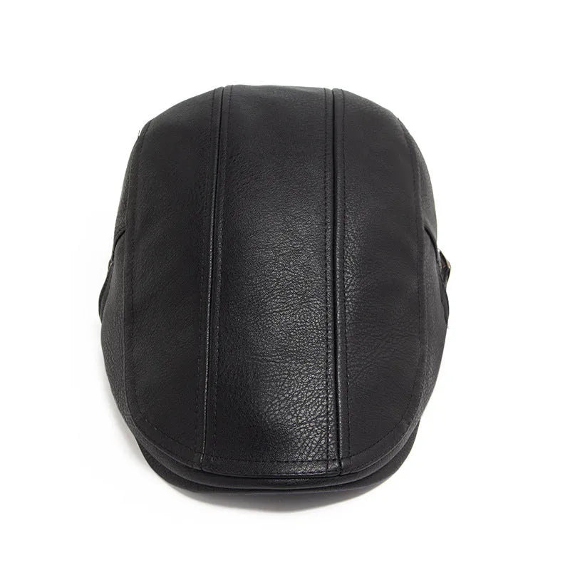 Thick PU artificial leather peaked cap with flat top crown, adjustable size, shown in black, dark gray, camel and brown for autumn and winter.