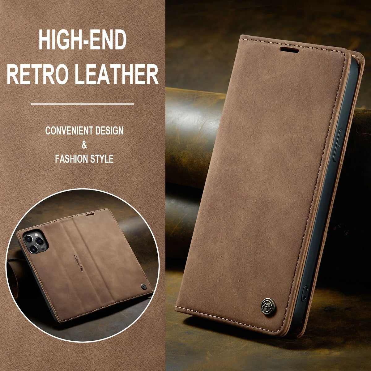 Mobile phone holster flip cover clamshell case in black, brown, coffee, wine red, or blue for Apple iPhone models.