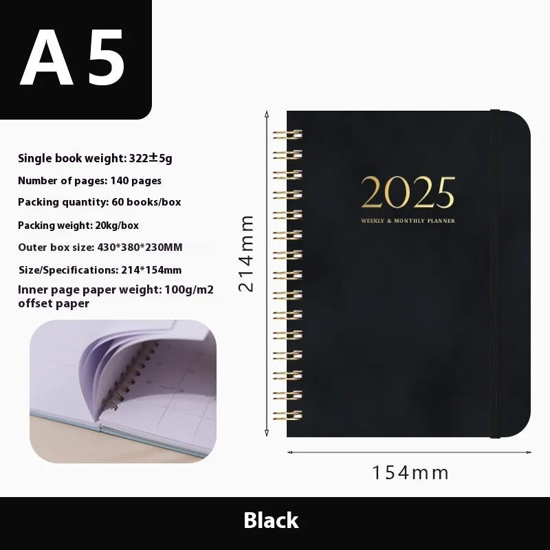 A5 size PU leather notebook with metal coil binding in a choice of colours including black, blue, brown, and pink.