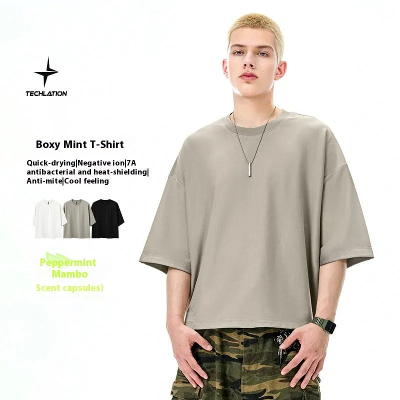 Men's sand grey loose fit short sleeve t-shirt with quick-dry cotton polyester fabric