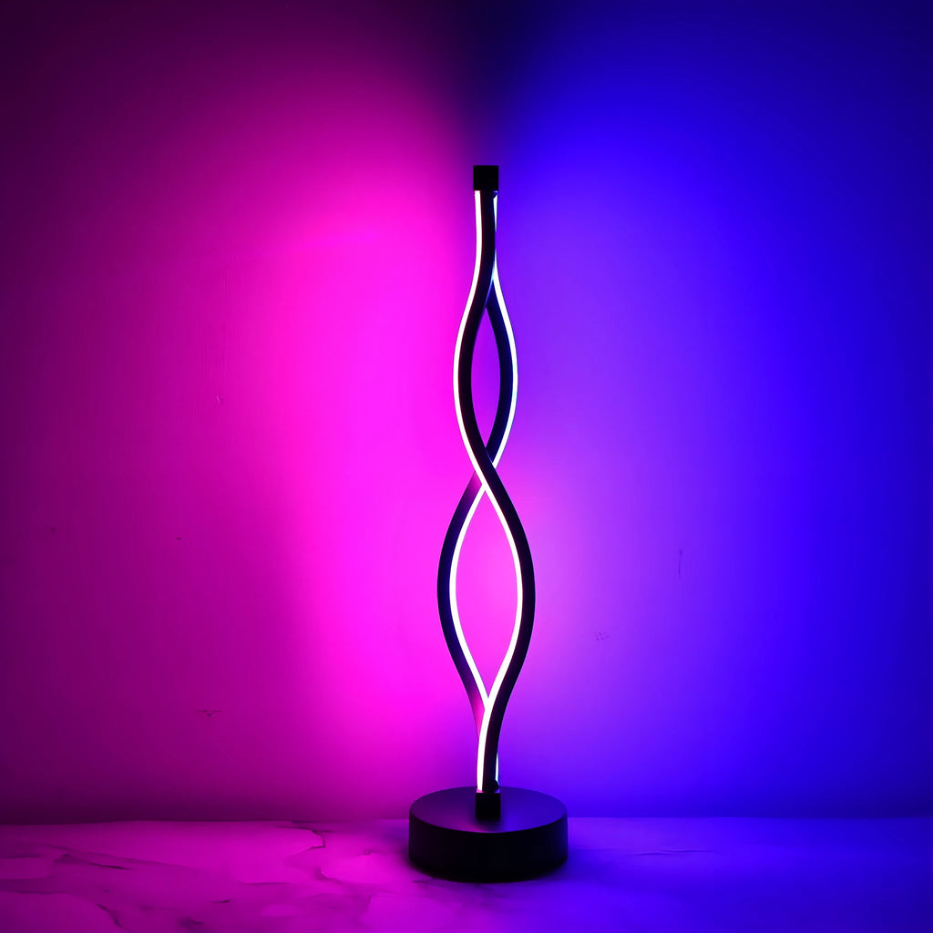 Black aluminium desk lamp with three-colour dimming button and touch-sensitive blue pink areas