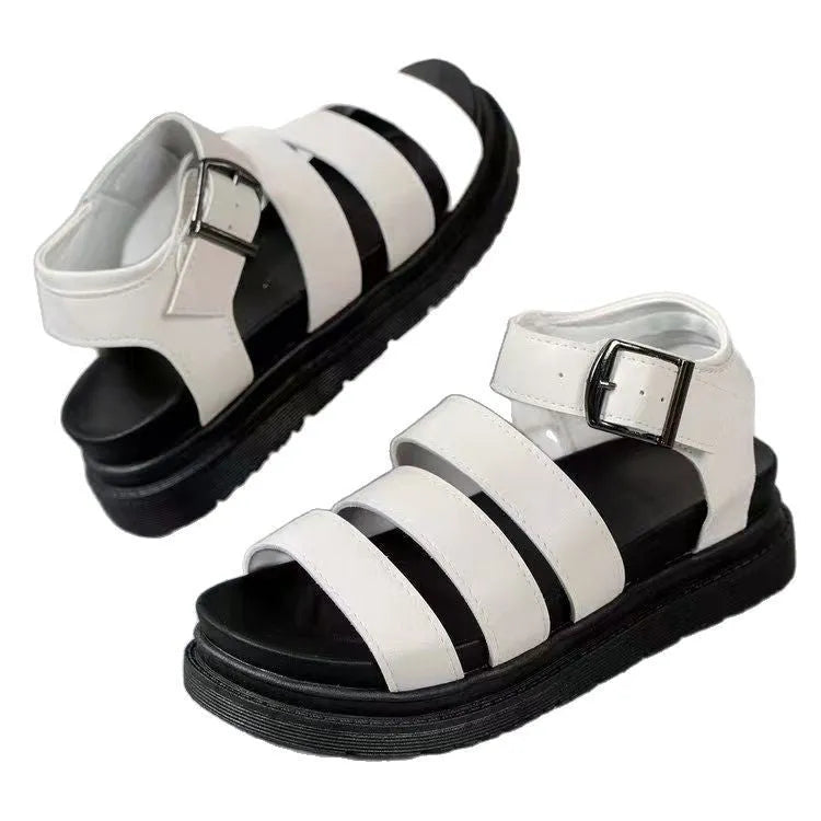 Thick bottom strap buckle beach sandals with fish mouth toe design in black, white, or orange colours