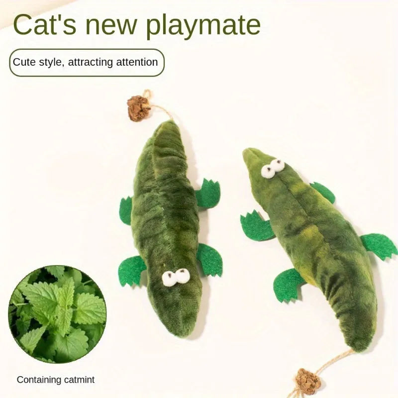 Green plush alligator cat toy measuring 30cm with peppermint scent for oral cleansing