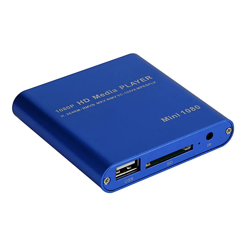 Compact black 1080P media player with HDMI USB SD ports and metal casing