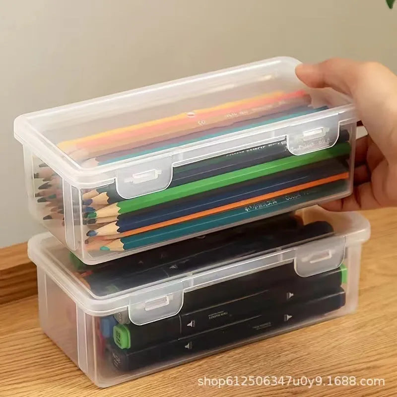 Transparent plastic stationery storage box for pencils and drawing supplies
