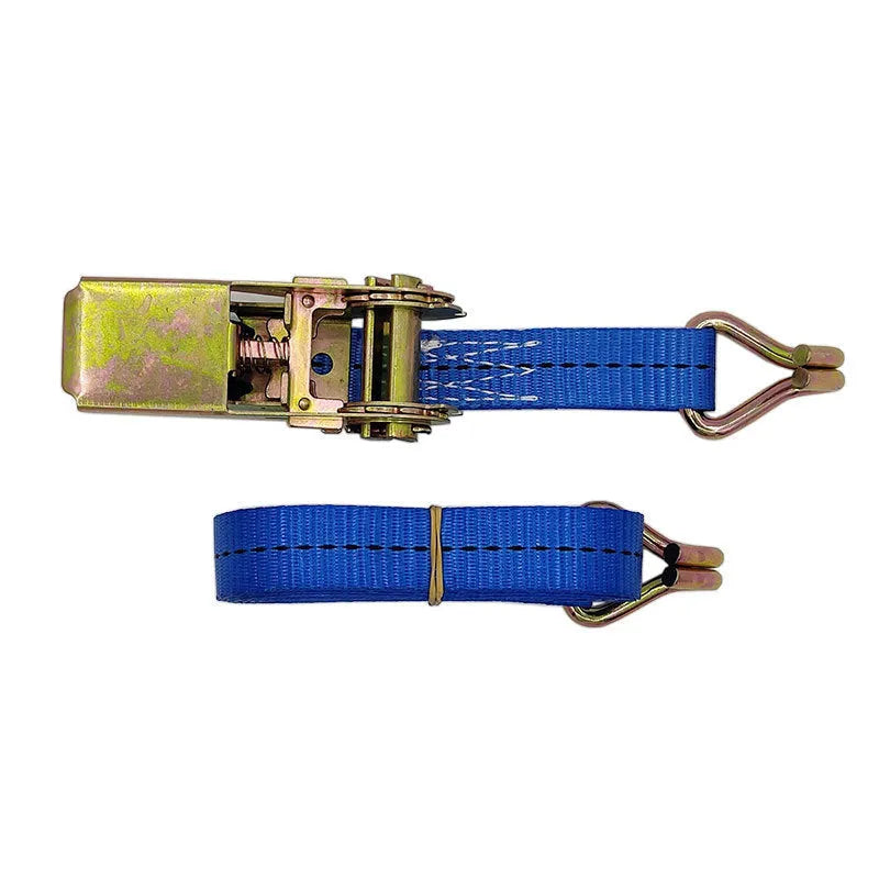 Steel ratchet tensioner with double hooks on a grey polyester strap for securing cargo.