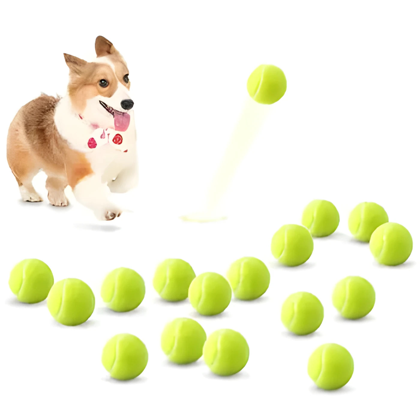 Assorted bright pink, blue, green, yellow, orange, and red rubber dog tennis balls, 6.3cm in diameter.