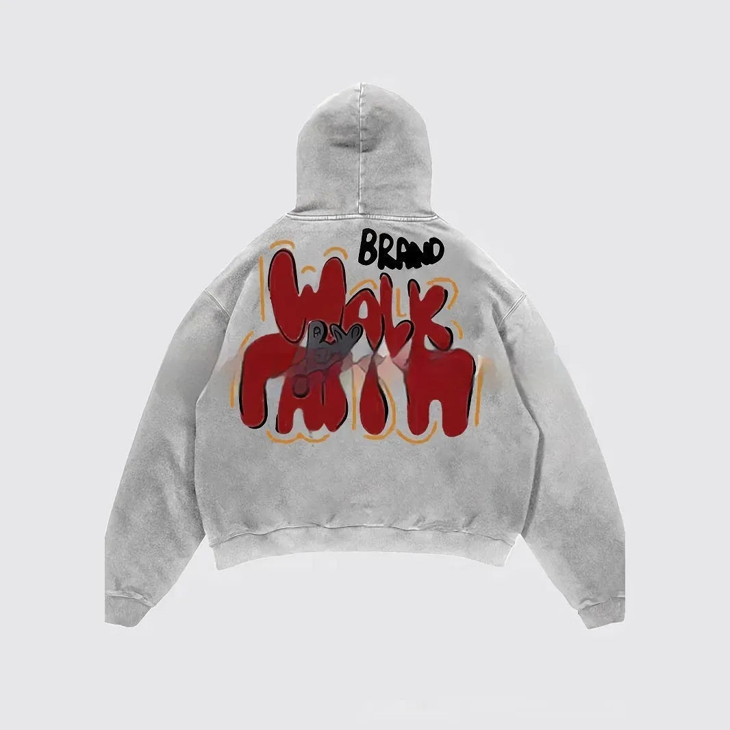 Women's granny grey hoodie with vintage letter print pattern showing front view with pockets