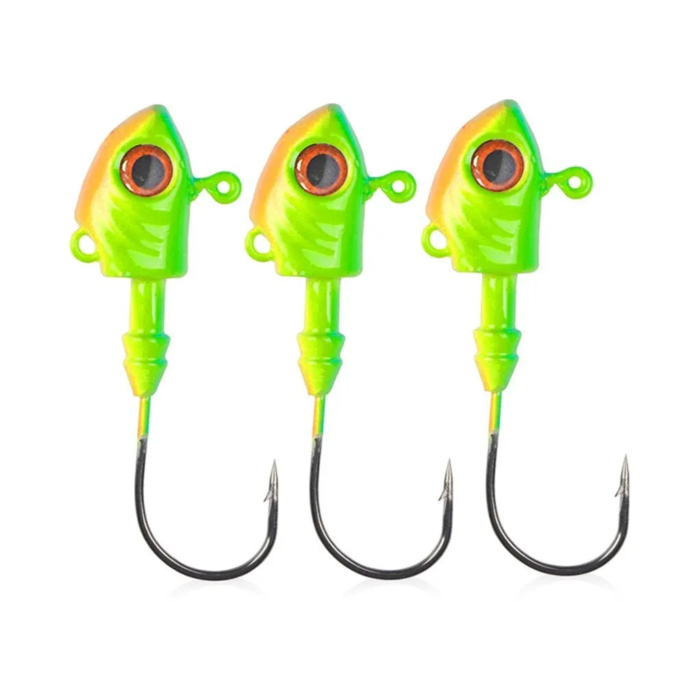 Blue, silver, and yellow lead jig head fishing hooks with fish-shaped weights in various sizes.